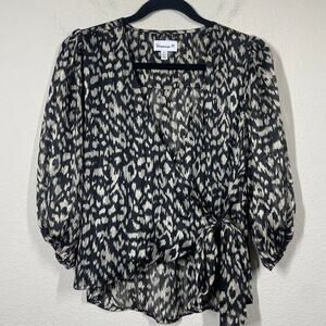 Veronica M Size XS Animal Print Wrap Top Blouse Tan Black Tie Side Long Sleeves